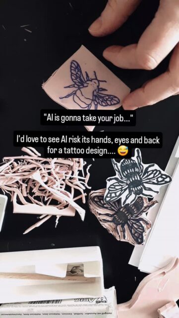 They're totally worth it tho... 🐝

(My back is fine btw)

#stampmaking #dotworktattoo #linocuttattoo #handmade #beetattoo