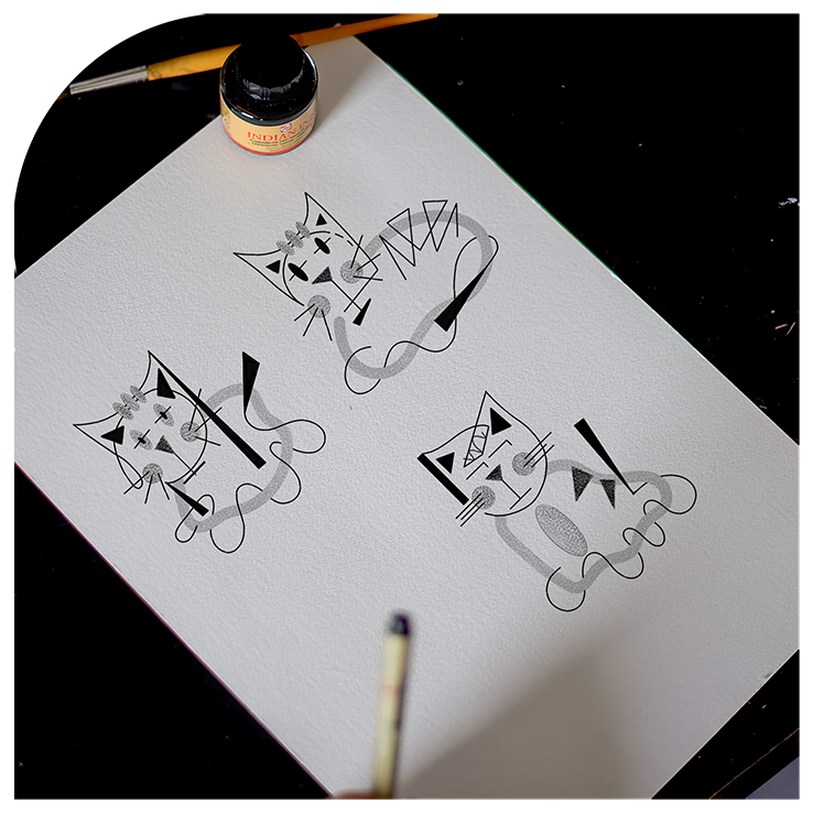Abstracte dotwork tattoo ontwerpen gebaseerd op katten